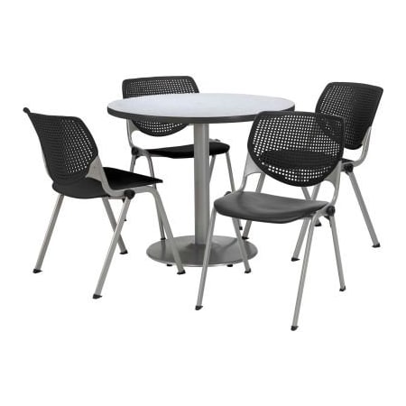 Kfi 42" Round Dining Table & Chair Set, Gray Table With Black Plastic Chairs T42RD-B1922SL-GN-2300-P10